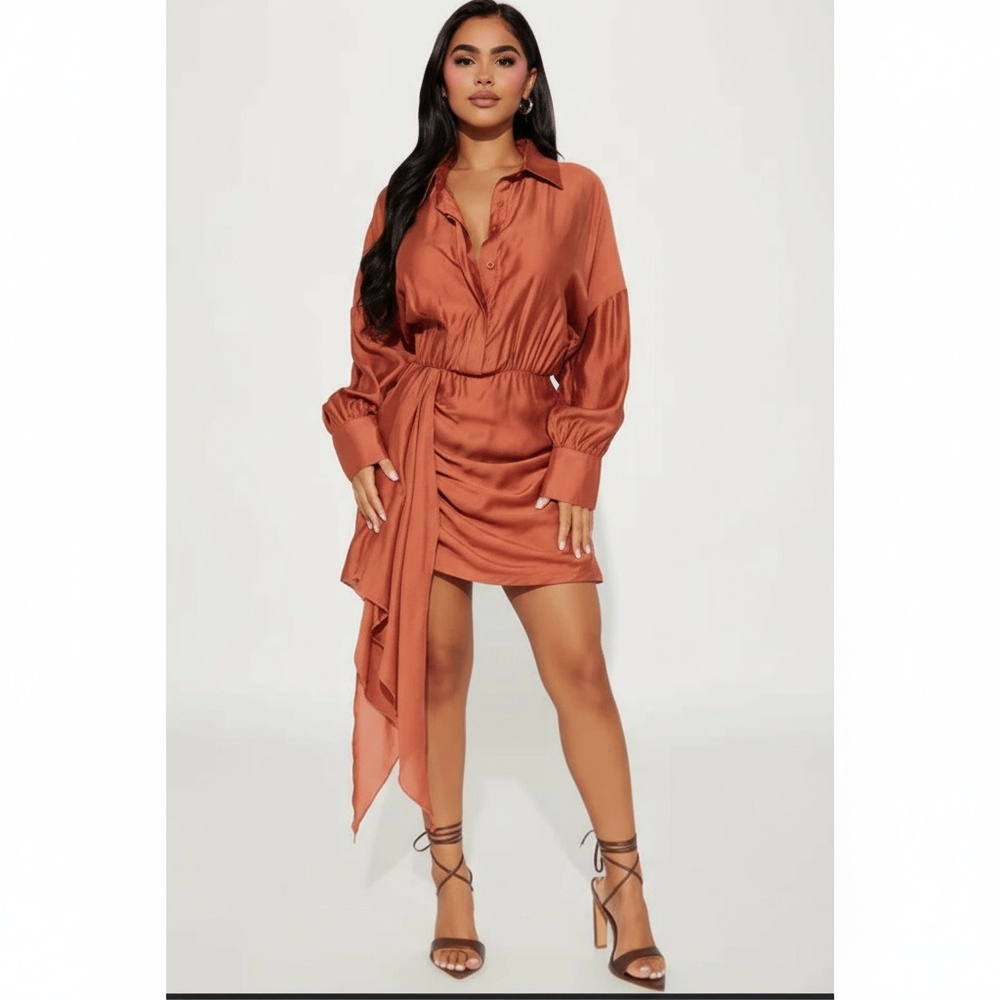 FN Womens Rust Button Down Ruched Draped Mini‎ Dress Boho Chic Size M